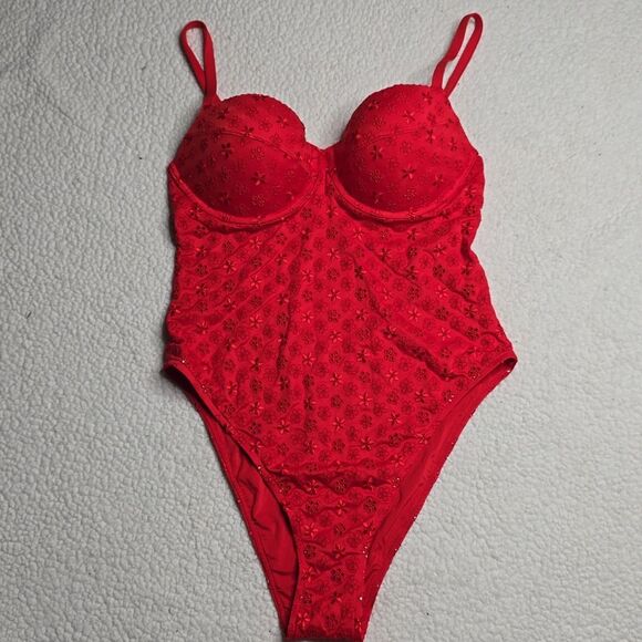 1308 NWT PINK by Frankies Bikinis Nova Eyelet One-Piece Swimsuit Sz XL - Picture 4 of 7